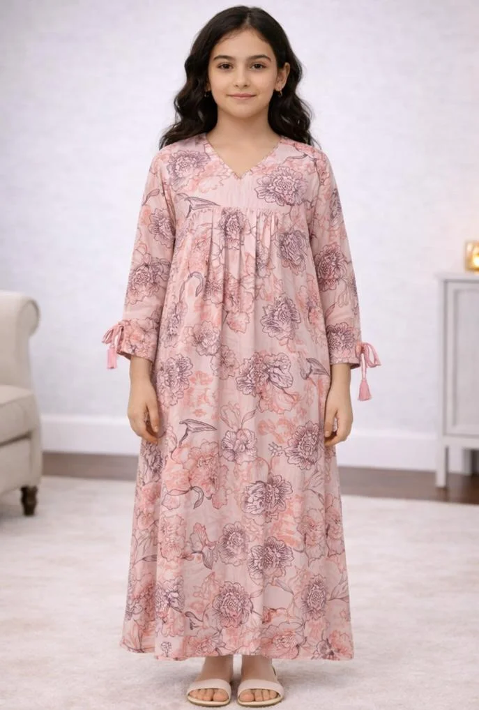 Artemea  Girls Pink Floral Jalabiya with Gathered Front & Tassel Sleeves – Ankle Length Modest Dress for Women | Best Price UAE